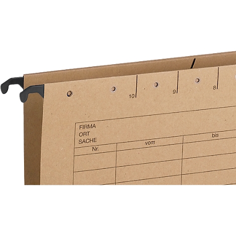 Close-up of a brown hanging file with black hooks, labeled with "Company", "Place", "Subject" and numbers.