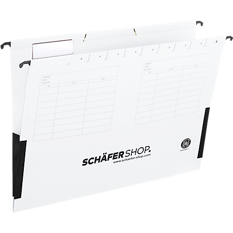 White hanging file folder with black edge, hooks and logo print. Two sheets with table structures.