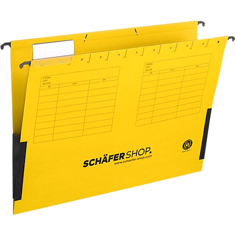 Yellow hanging file folder with black hooks. Labeled with table, logo, and website address.