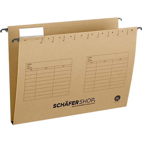 Beige hanging file with black holders, tables and logo.