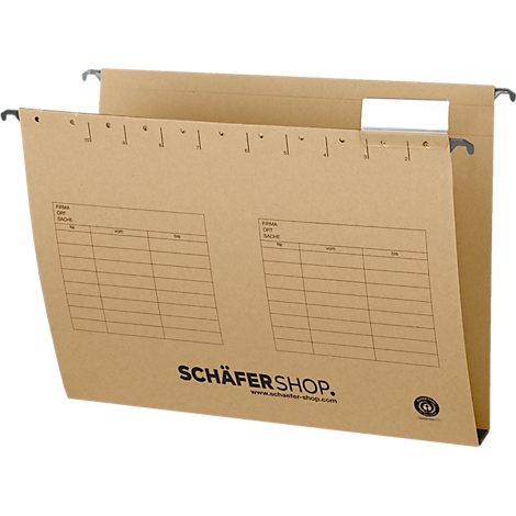 Brown cardboard hanging file with hanging mechanism. Print: "SCHÄFERSHOP".
