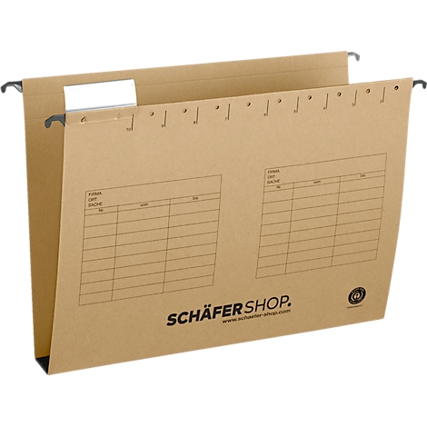 Brown cardboard hanging file with metal brackets. Printed with: Schäfer Shop, tables, and logos.