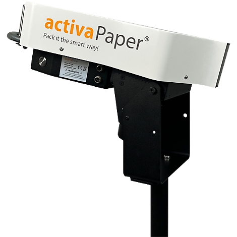Machine d'emballage activapaper blanche avec cadre noir. Inscription : Pack it the smart way !