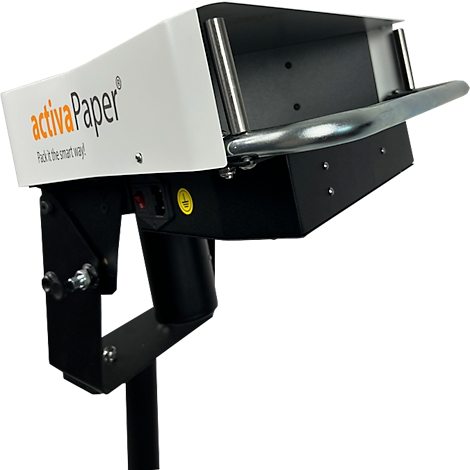 Une machine à papier d'emballage avec un dessus blanc et une sous-structure noire, logo 'activaPaper'.