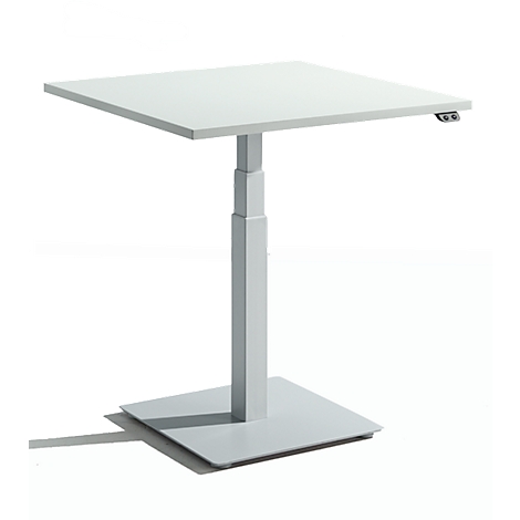 Table blanche carrée réglable en hauteur, avec colonne carrée et base carrée.