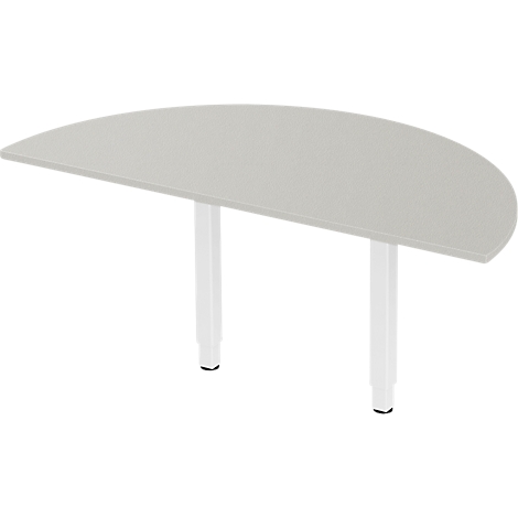 Table semi-circulaire gris clair avec deux pieds blancs. Le dessus de table a une surface lisse.