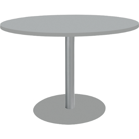 A round, gray table with a central leg standing on a round base.