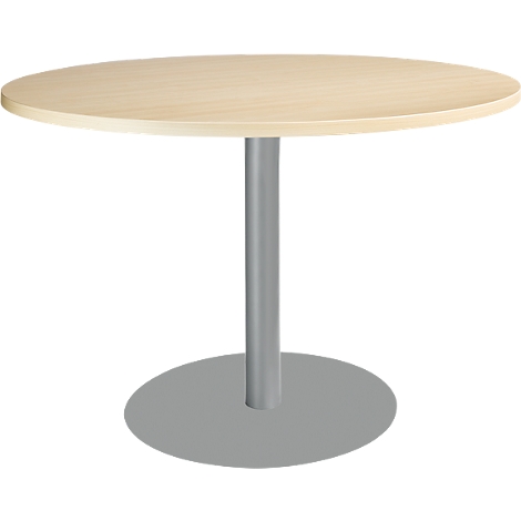Round wooden table with a grey metal base.