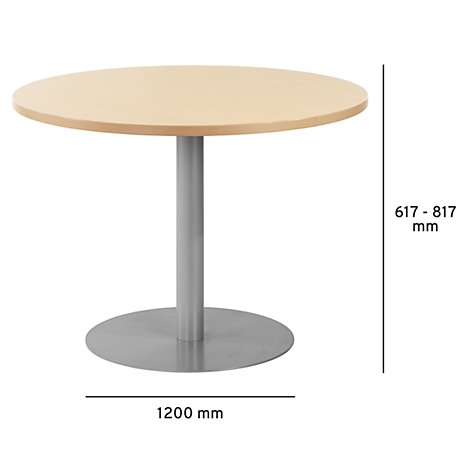 Round table, light brown tabletop, silver foot, dimensions given.