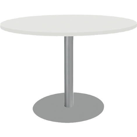 Round, white table with gray, cylindrical leg and foot.