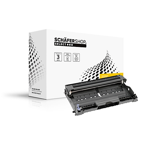Un kit de tambour de toner et une boîte avec le logo Schafershop. L'emballage comporte des logos de garantie de 3 ans, 100% écologique et 100% compatible.