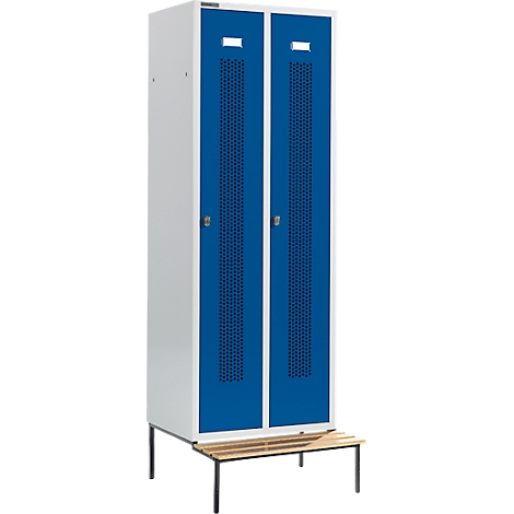 Un armario azul y blanco de dos puertas con un banco debajo.