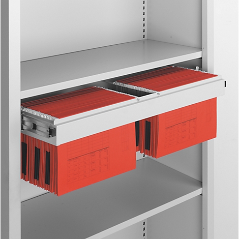 Open white filing cabinet with red hanging files.