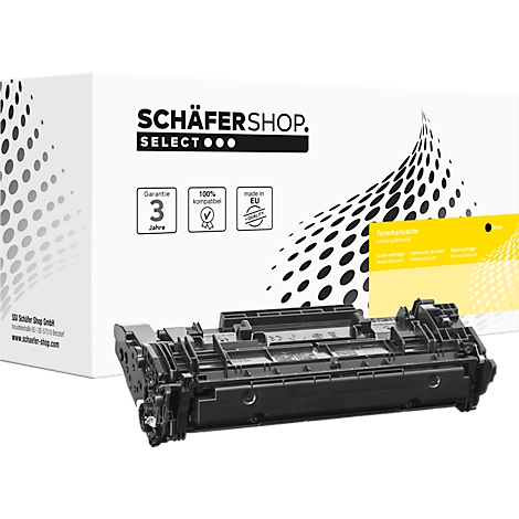 Schäfer Shop Select Tonerkartusche vor der weissen Produktverpackung.