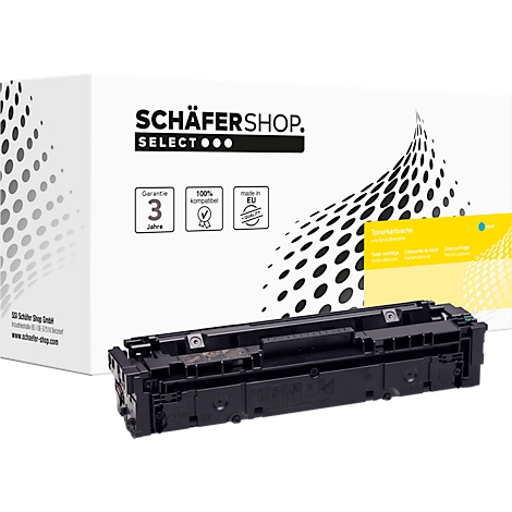 Schäfer Shop Select Tonerkartusche vor der weissen Produktverpackung mit Markenlogo und Garantiesymbolen.