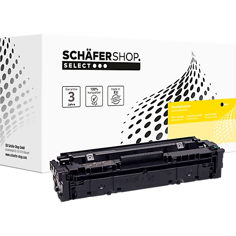 Schwarze Tonerkartusche vor einer weissen Verpackung mit dem Logo Schäfer Shop Select.