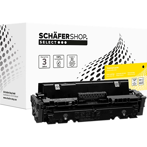 Eine schwarze Druckerpatrone steht vor einer weißen Schachtel. Auf der Schachtel steht Schäfershop. Der Hintergrund ist mit weißen Kreisen versehen.