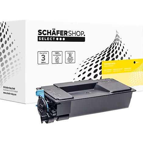 Schwarze Tonerkartusche vor einer weissen Verpackung mit gelbem Akzent und Schäfer Shop Select Logo.