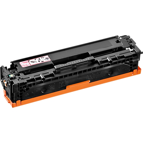 Zwarte en oranje tonercartridge, schuin van bovenaf gefotografeerd.