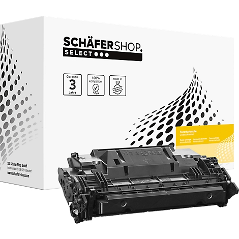 Zwarte tonercartridge voor een witte verpakking, met logo en productinformatie.