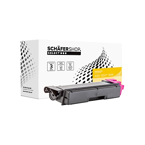 Tonerkartusche mit Verpackung von Schäfer Shop. Die Kartusche ist schwarz mit magenta Akzenten. Die Verpackung hat Text und Logos.
