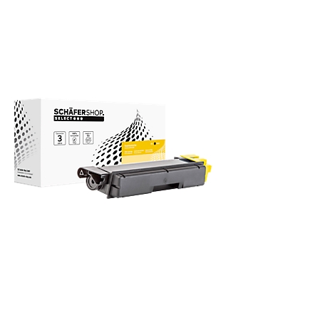 Gelbe Tonerkartusche mit Verpackung, Schriftzug 'SCHÄFERSHOP' und 'SELECT' auf weißem Hintergrund.