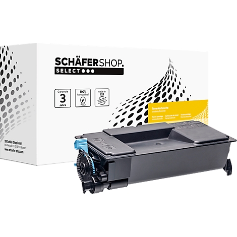Cartouche de toner noire à côté d'un emballage blanc avec logo. Texte : Schäfer Shop, garantie 3 ans, 100 % compatible.