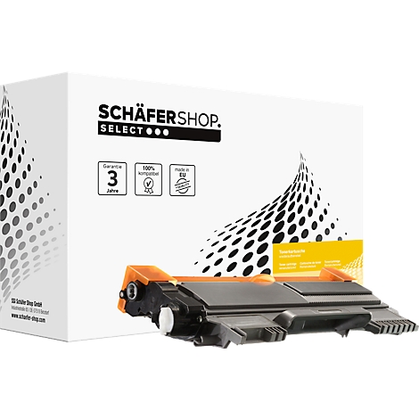Black toner cartridge in front of a white package with print. The packaging says 'SCHÄFERSHOP SELECT'.