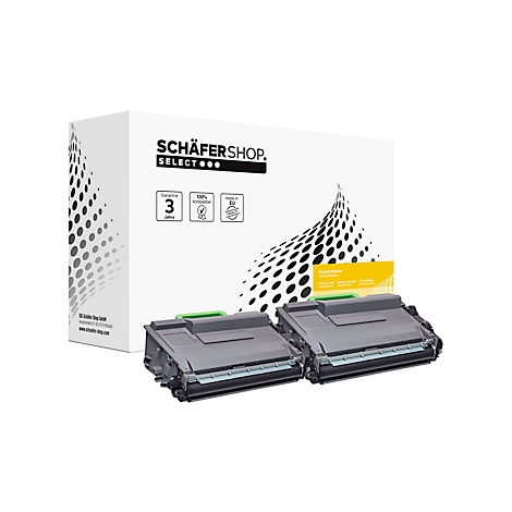 Printer accessories, two black toner cartridges in front of a box with a logo.