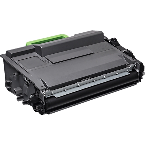 Black printer cartridge, green on handle. A black plastic cylinder.