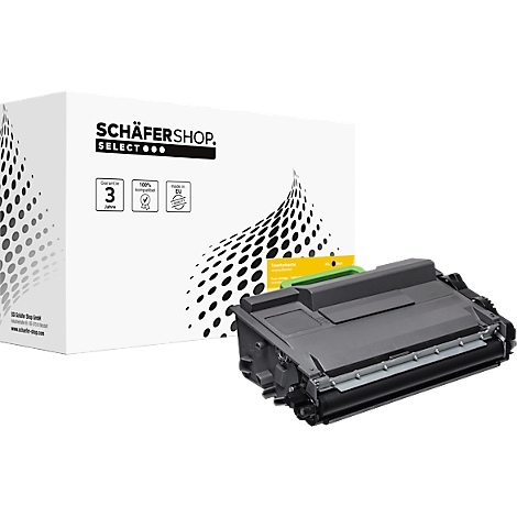 Black toner cartridge and packaging with 'SchäferShop' logo. Printed: 3-year guarantee and sustainability symbols.