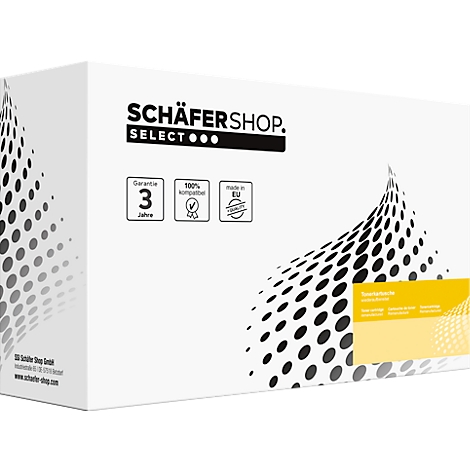 White box with Schäfershop logo, texts on warranty, compatibility, origin. A stylized pattern adorns the corner.