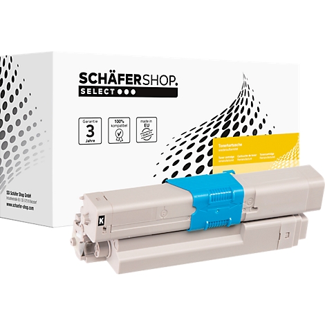 Gray ink cartridge with blue holder in front of white packaging with imprint. The packaging says Schäfer Shop and 3 years warranty.