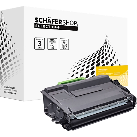 Zwarte tonercartridge, voor een witte verpakking met logo en details. De verpakking adverteert met 3 jaar garantie, 100% compatibiliteit en Made in EU.