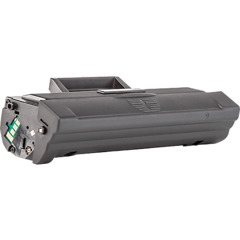 Een zwarte tonercartridge voor een laserprinter. Het heeft een rechthoekige behuizing met afgeronde hoeken. Er zit een handvat bovenop.