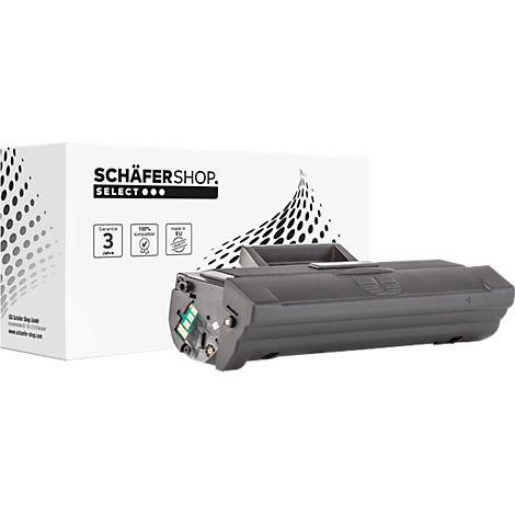 Grijze tonercartridge met witte verpakking. Opdruk: Schäfershop, garantie 3 jaar, 100% compatibel, Made in EU.