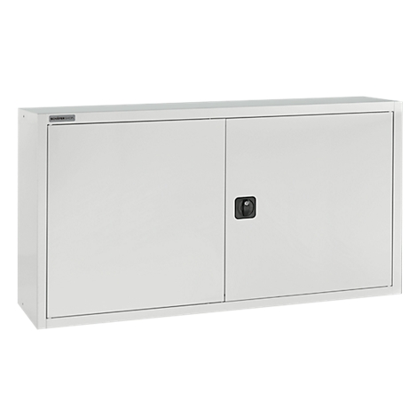A white, rectangular cabinet with two doors. A black handle in the middle.