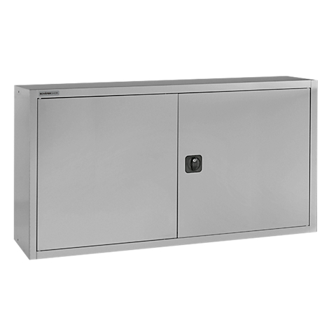 Grey wall cabinet with two doors and a black handle.