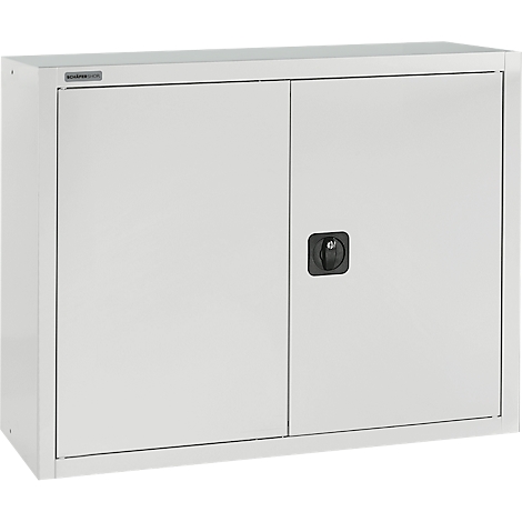 A light gray steel cabinet with two doors and a black handle.