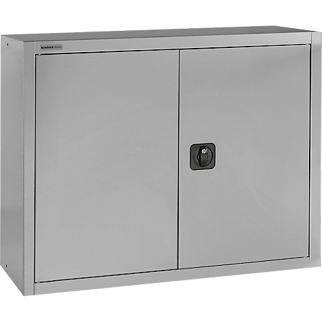 A steel-colored cabinet with two doors and a black handle.