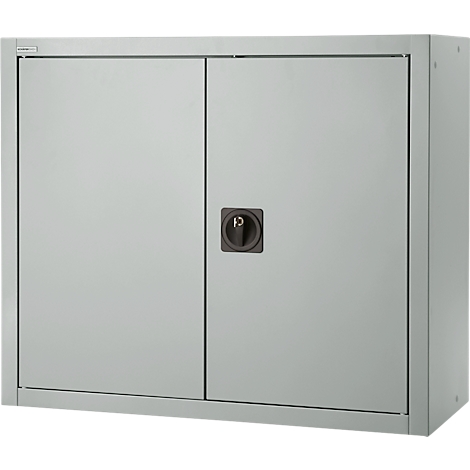 Grey cabinet with two doors and round handle.