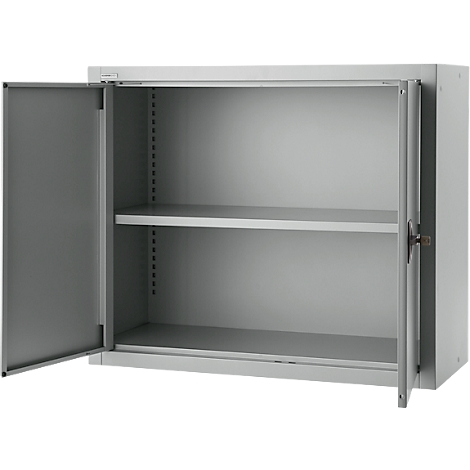 Gray steel cabinet, doors open. Inside two shelves. The left door is fully open, the right door almost. Cabinet on a white background.