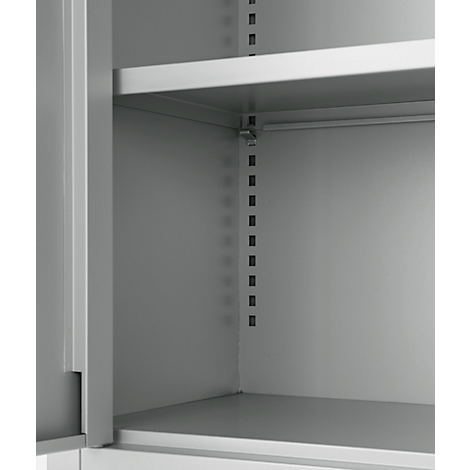 View into a gray metal cabinet, with shelf and shelf supports.