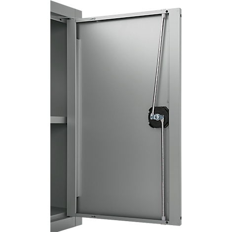 A grey steel cabinet with its door open. A rod mechanism holds the door in position.