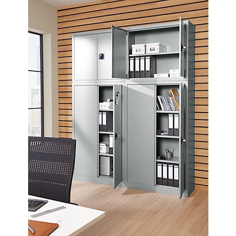 Grey filing cabinet with open doors, filled with folders and shelves in an office.