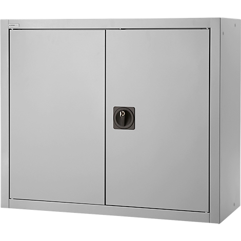 Grey cabinet with two doors, a black handle and keyhole.