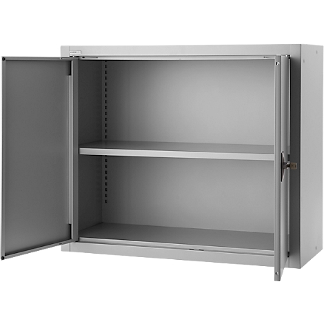Open gray steel cabinet with two shelves. One cabinet door is fully open, the other almost.