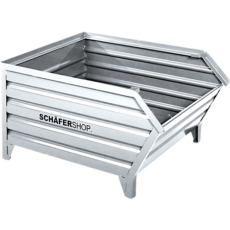 A silver, corrugated container with 'SCHÄFERSHOP' lettering. The container stands on four legs and has bevelled sides.