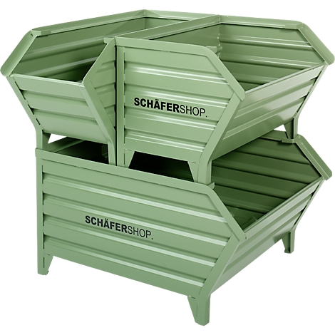 Light green stackable metal containers with "Schäfershop" printed on them.