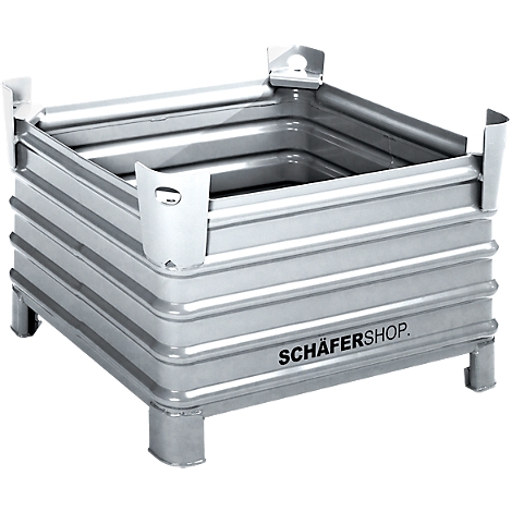 Vierkante metalen container met gegolfde zijkanten en de letters SCHÄFERSHOP.